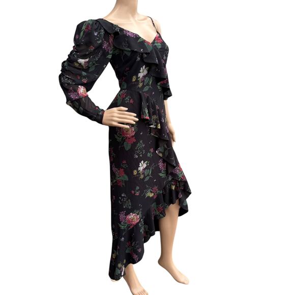 AMUR Pasqualena Dress Size 6 Floral Asymmetric Ruffle Puff Sleeve Midi Backless - Picture 2 of 11